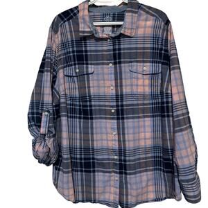 St John’s Bay Women's Blue Pink Long Roll Up Sleeves Button Front Blouse Size 3X